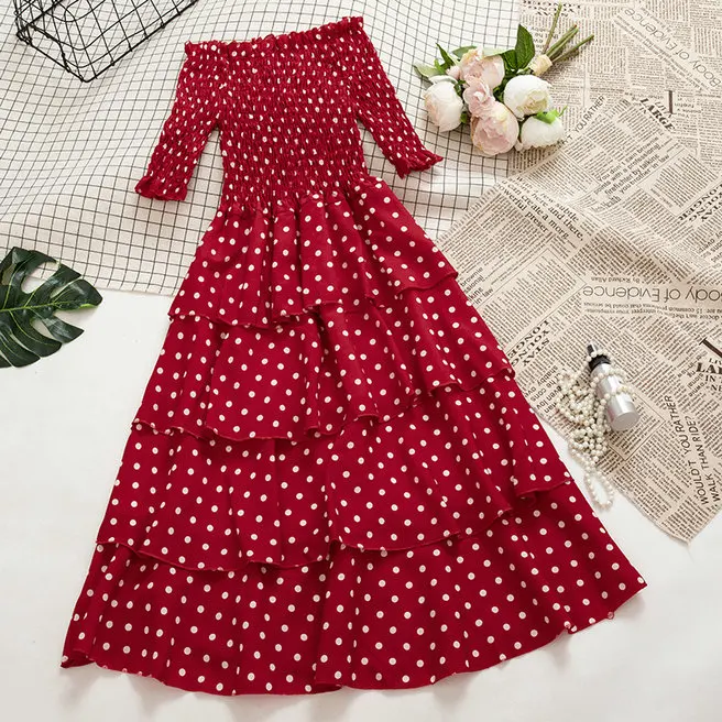Women Dress Женский летний пуловер с вырезом лодочкой, шифоновое платье в горошек, повседневное эластичное приталенное платье с высокой талией без бретелек, многослойное платье с оборками - Цвет: Women Dress