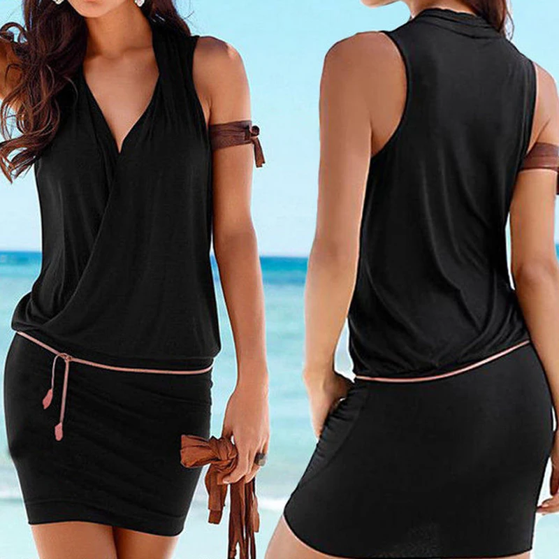 2019 женское модное сексуальное платье Летнее без рукавов с v образным вырезом