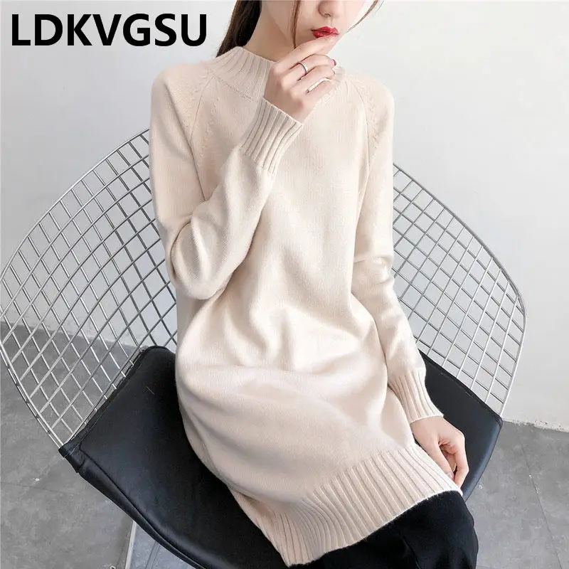 Long Sweater Female 2019 Autumn Winter New Women's Korean Loose Large Size Thick Round Neck Solid Color Knit Dress Is1559 | Женская