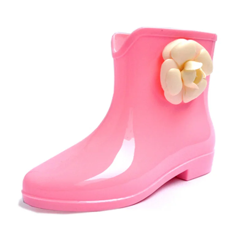 Женские резиновые сапоги с бантом на плоской подошве цветочным принтом для