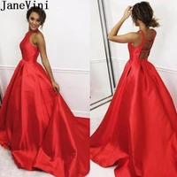 janevini satin red elegant prom dress with pockets long sexy fuchsia candy color party dresses a line evening gowns gala jurken