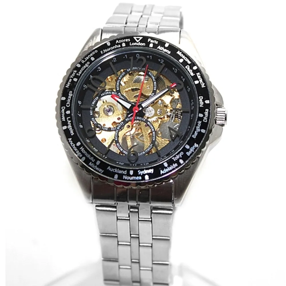 Natural Brand New Design Stainless Steel Band Smart Men Gold Tone Dial Mechancial Self Winding Watch Free Gifts Box