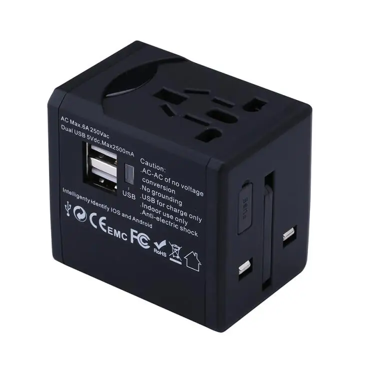 Универсальное зарядное устройство с двумя usb-портами по всему миру электрическая розетка США Великобритания ЕС AU Международный дорожный переходник адаптер - Цвет: Black