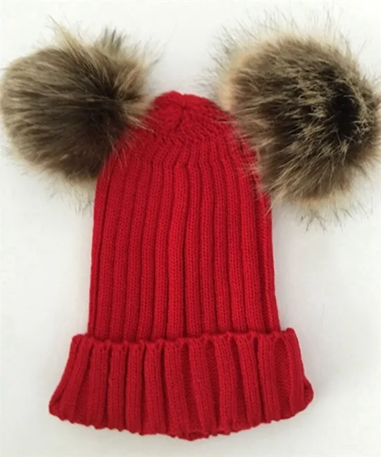 red beanie Шапка Ponpon с помпоном, милая мягкая вязаная Шапочка, помпон из искуственного меха, розовая Зимняя шапка, женская теплая шапка с ушками, лыжная кавайная шапка - Цвет: red beanie