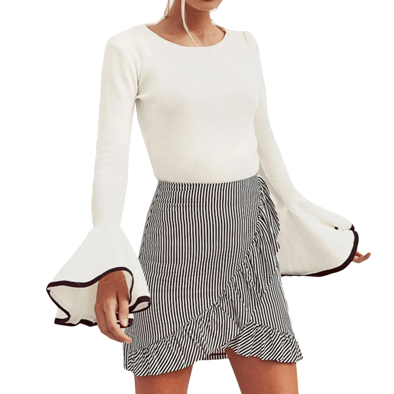 Мини юбка карандаш в черно белую полоску с высокой талией Женская русалочкой 2017