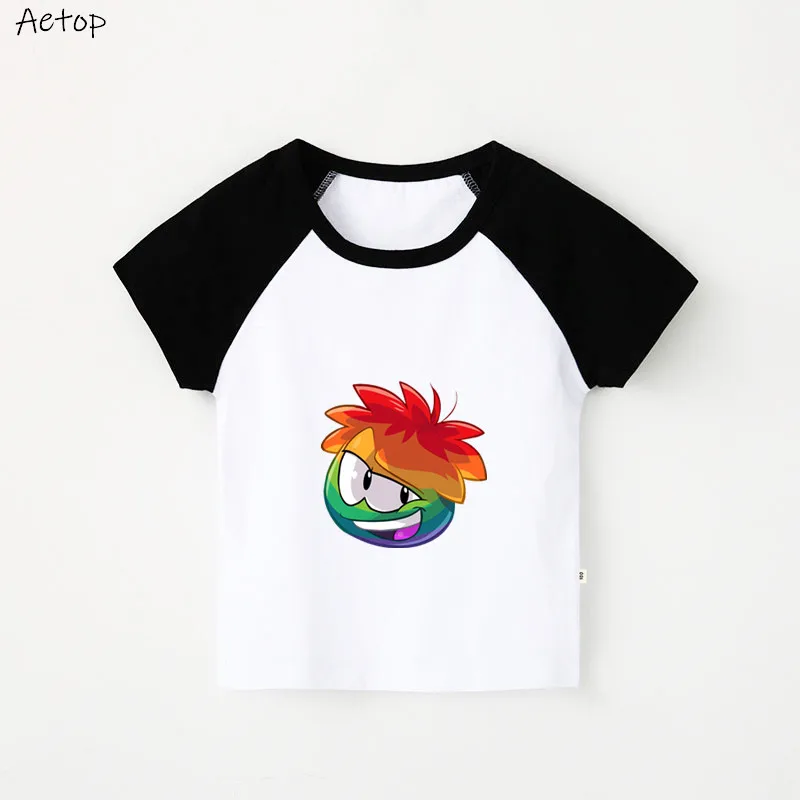 Kids Fashion New Club Penguin Rainbow Puffle T Shirt children Pure Cotton Game Short Sleeve t shirt The Cake print T-shirt | Мать и