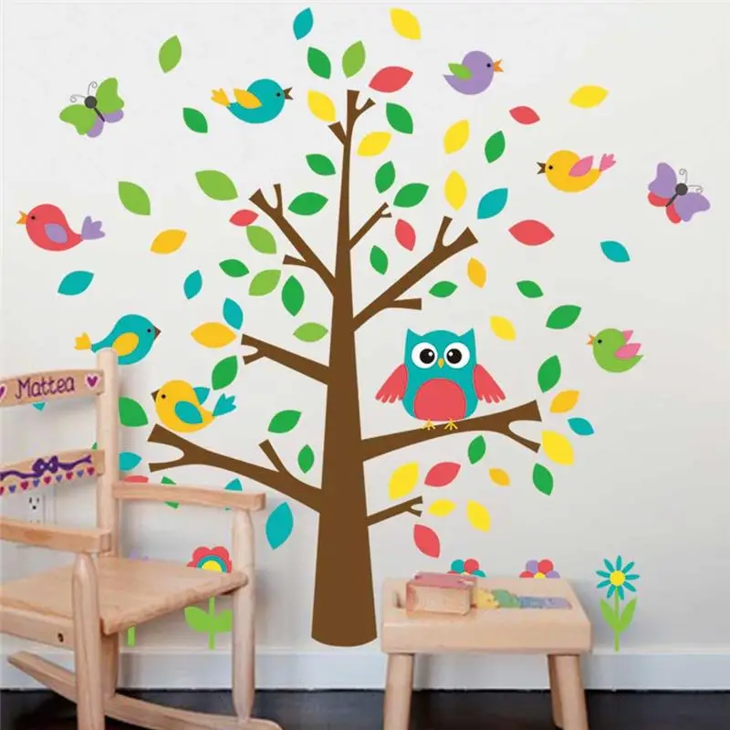 

cute owls birds tree wall stickers kids playroom decoration nursery cartoon children baby home decals 1015. animal mural art 4.0