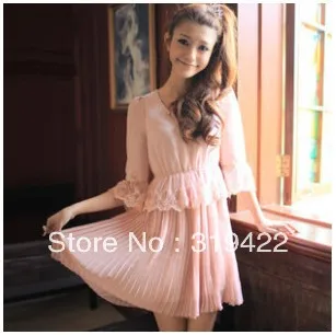 Hot!!! Neckline beaded pleated hem lace stitching in the round collar sleeve dress kawaii princess | Женская одежда