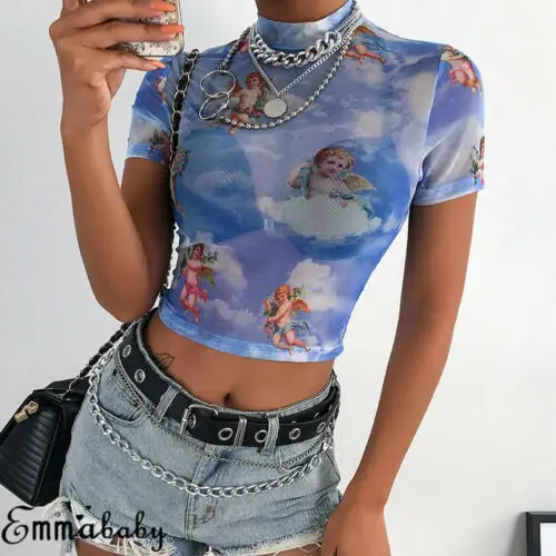 2019 модная футболка с принтом ангела коротким воротником Сетчатая рукавом