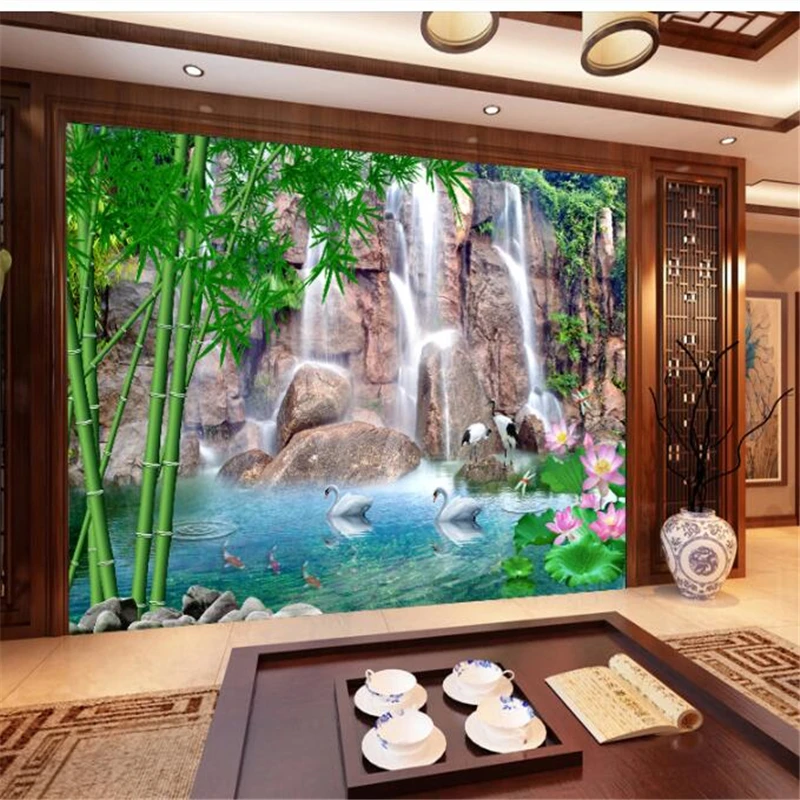 beibehang Wallpaper Mural Custom Living Room Bedroom Bamboo Forest Spring Waterfall 3D TV Background Wall Painting | Обустройство