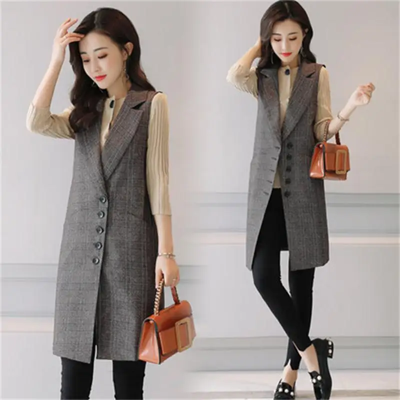 

High quality elegant new spring and autumn suit vest women's long plaid fashion slim vest straight through jacket Women