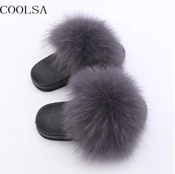 Dark gray COOLSA/детские меховые тапочки; домашние теплые пушистые тапочки из лисьего меха для девочек; Плюшевые сандалии из ПВХ на плоской подошве; детские тапочки на заказ - Цвет: Dark gray