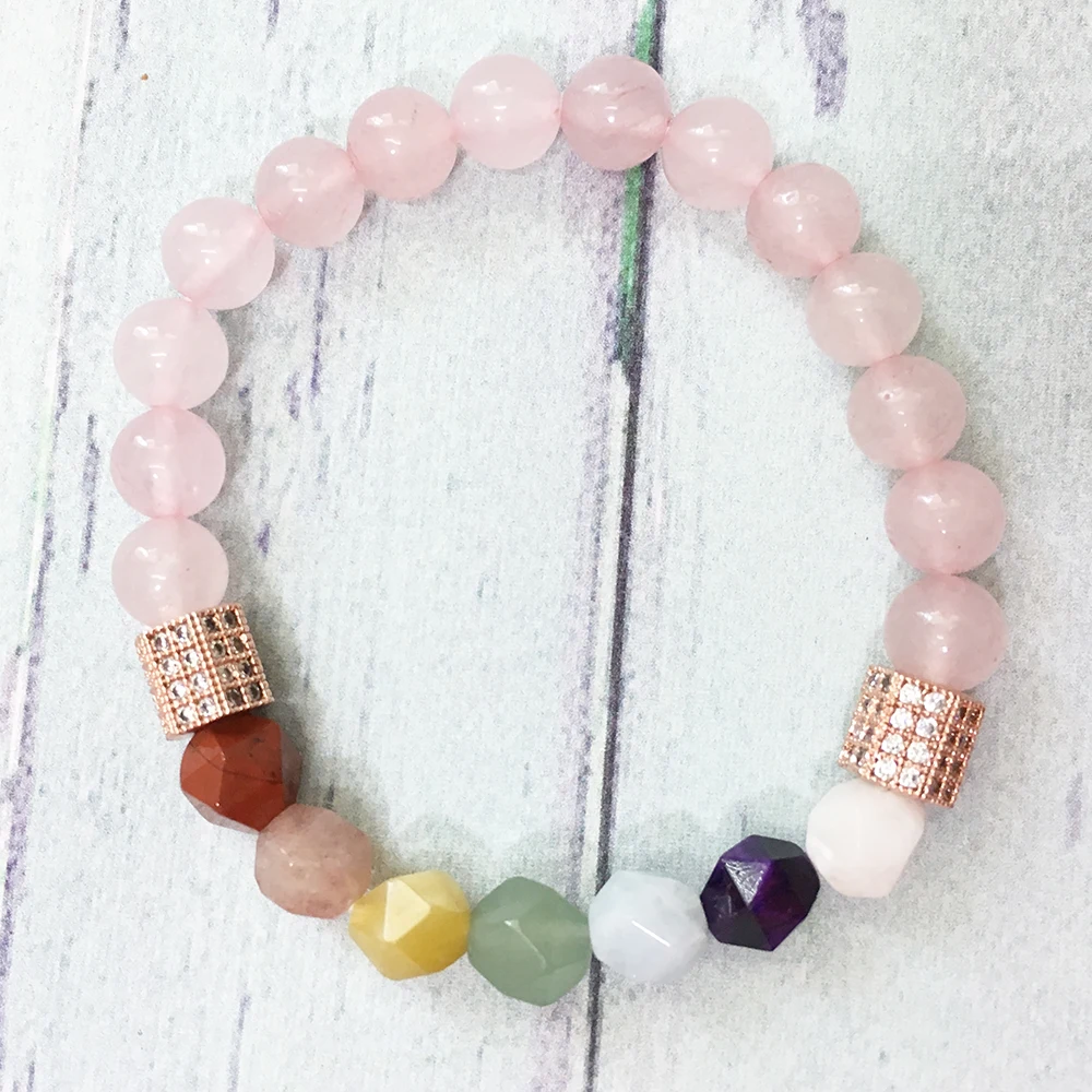 Женский браслет-чакра Ruberthen ювелирное изделие с натуральным розовым квартом в