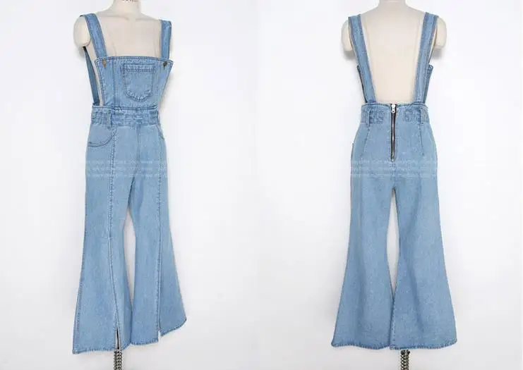 Женский джинсовый комбинезон с разрезами расклешенным низом 2019|denim jumpsuit|fashion