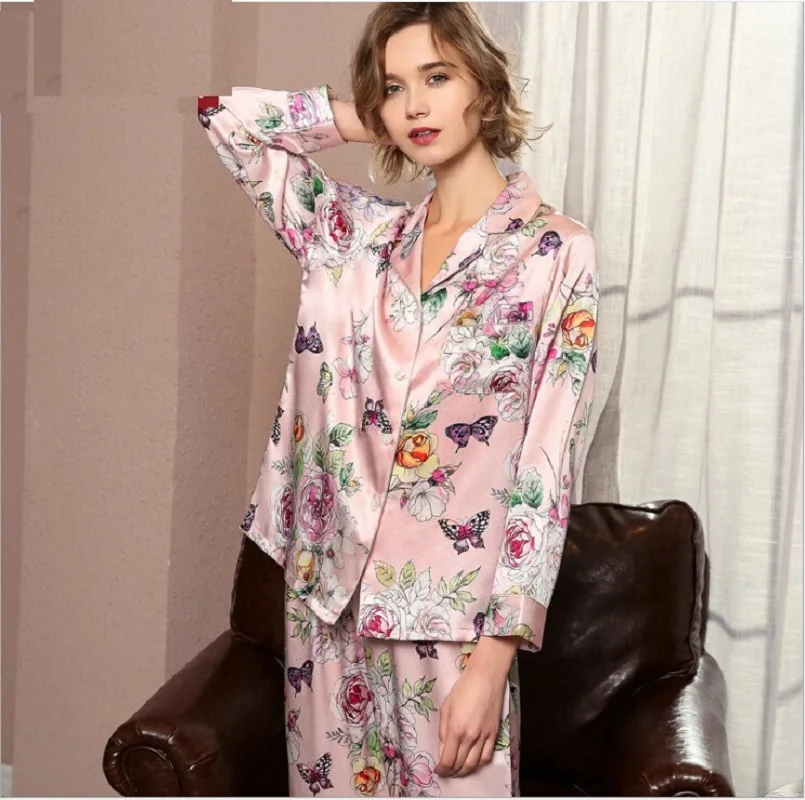 Womens Silk Pajamas Sets Pink Flower Print 2019 Large Summer 100% Silk Stain Home Wear Fashion Pajama Sets Pant Sleepwear XL