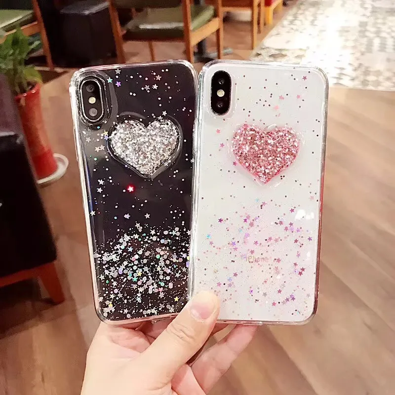 Ultra-thin transparent Heart-shaped tpu phone Case for iphone6 6s 7 8plus Glitter Cover iPhoneX |