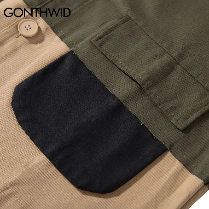 Мужская куртка в стиле хип хоп GONTHWID винтажная разноцветная пэчворк Повседневная