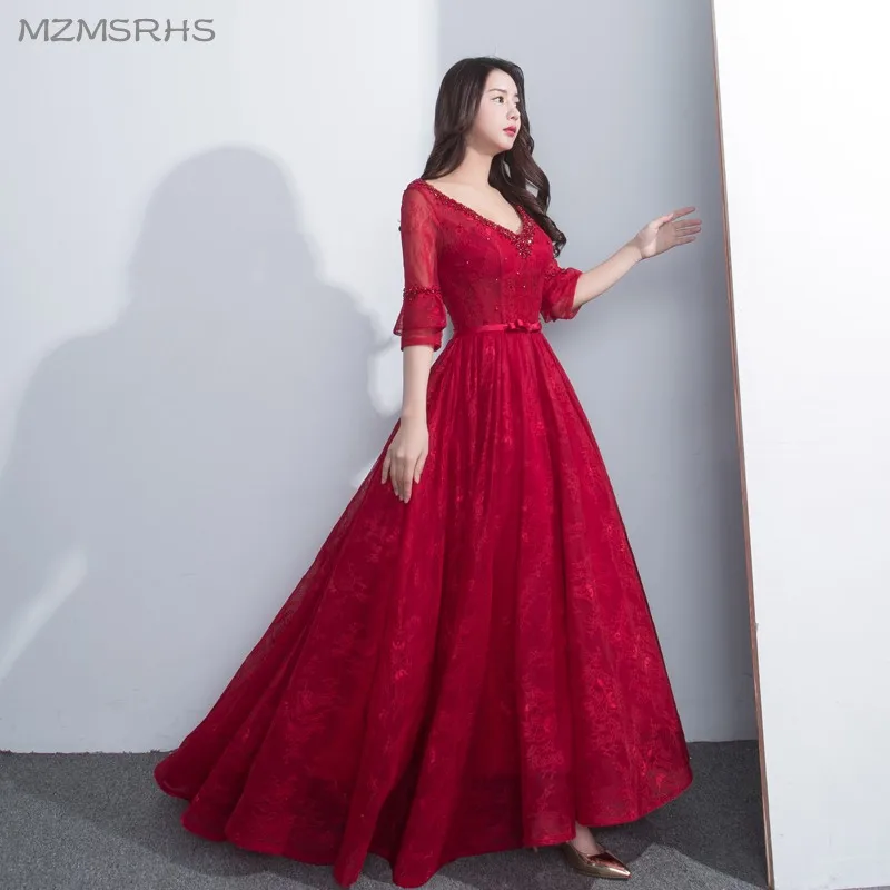 Женское вечернее платье с а-силуэтом Бордовое до пола V-образным вырезом и