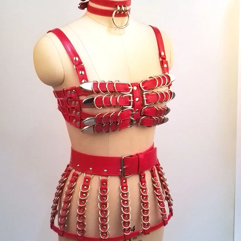 

100% Handcrafted Heavy Duty 4 Row Caged Bra PU Leather Women Harness Bondage Chest Lingerie Bra Belt Skirt Harness Waist Belt