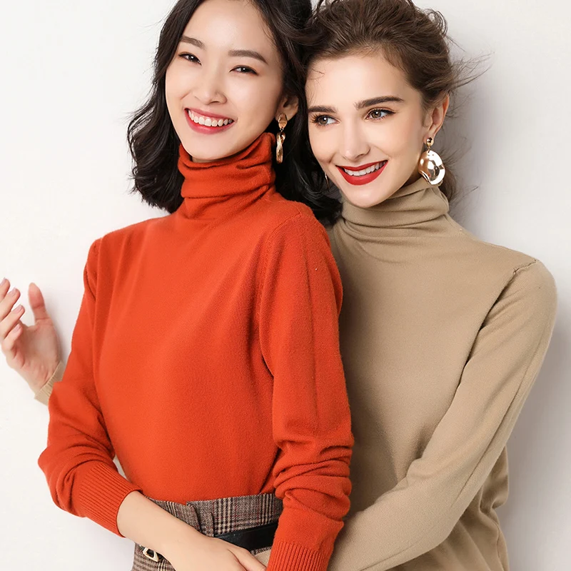 Свитер женский с длинным рукавом вязаный шерстяной черный белый теплый высоким