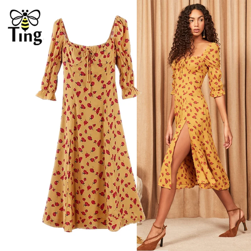 Платье-миди женское летнее с цветочным принтом коротким рукавом-фонариком и