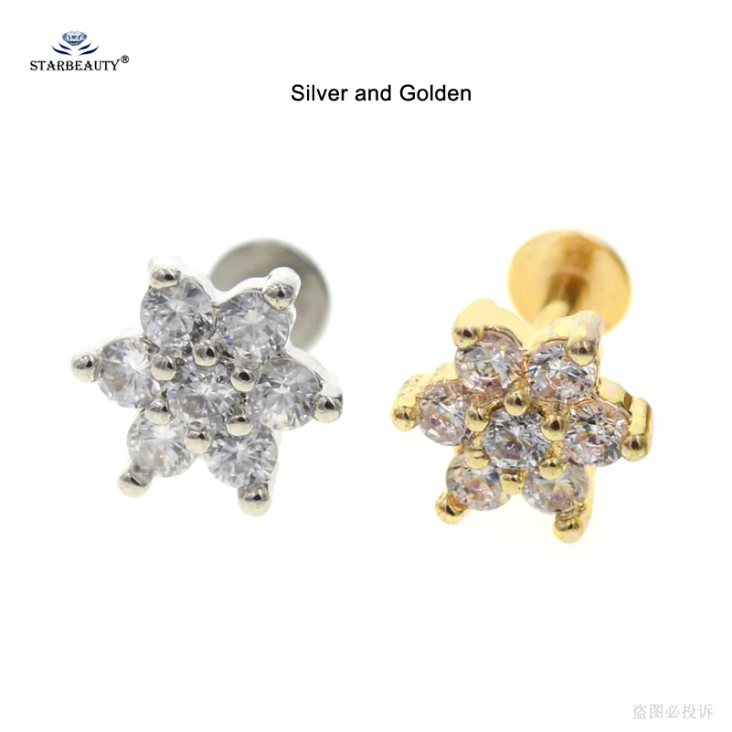 Silver and Golden 2 шт., 16 г, прозрачный драгоценный камень, цветок, Лабрет, пирсинг для губ, Oreja, спиральный для хряща, серьги, трагус, пирсинг, серьги-гвоздики, пирсинг с плоской задней частью - Окраска металла: Silver and Golden