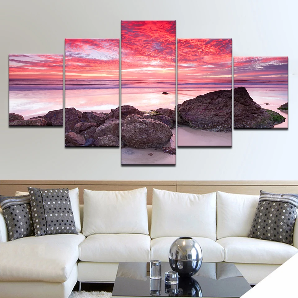 5pcs HD Printing Canvas Painting Beach Sunset Seaside Art Group Home Decor Wall Poster Modular Photos | Дом и сад