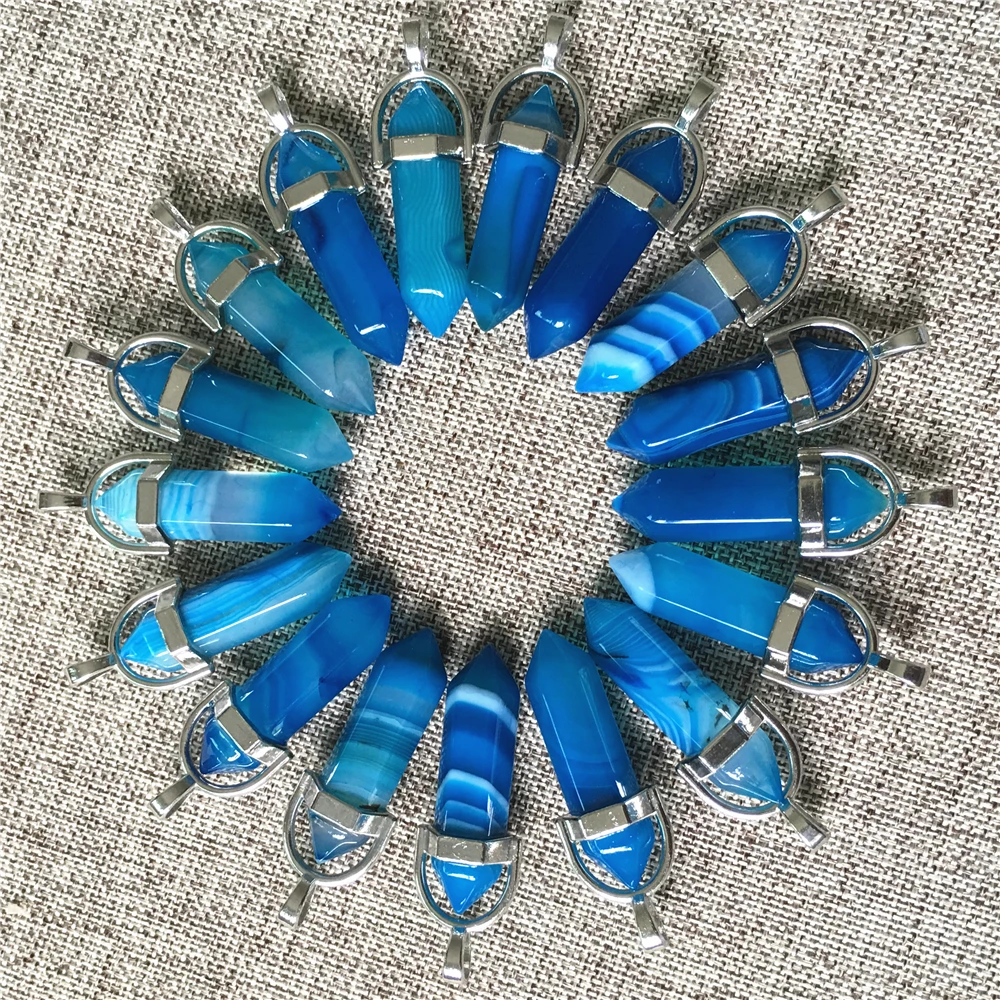 

Hot Natural Stone Pillar Pendants Blue Agates Fashion Healing Charms Bullet Pendulum Necklace Making Accessories Wholesale 24PCS