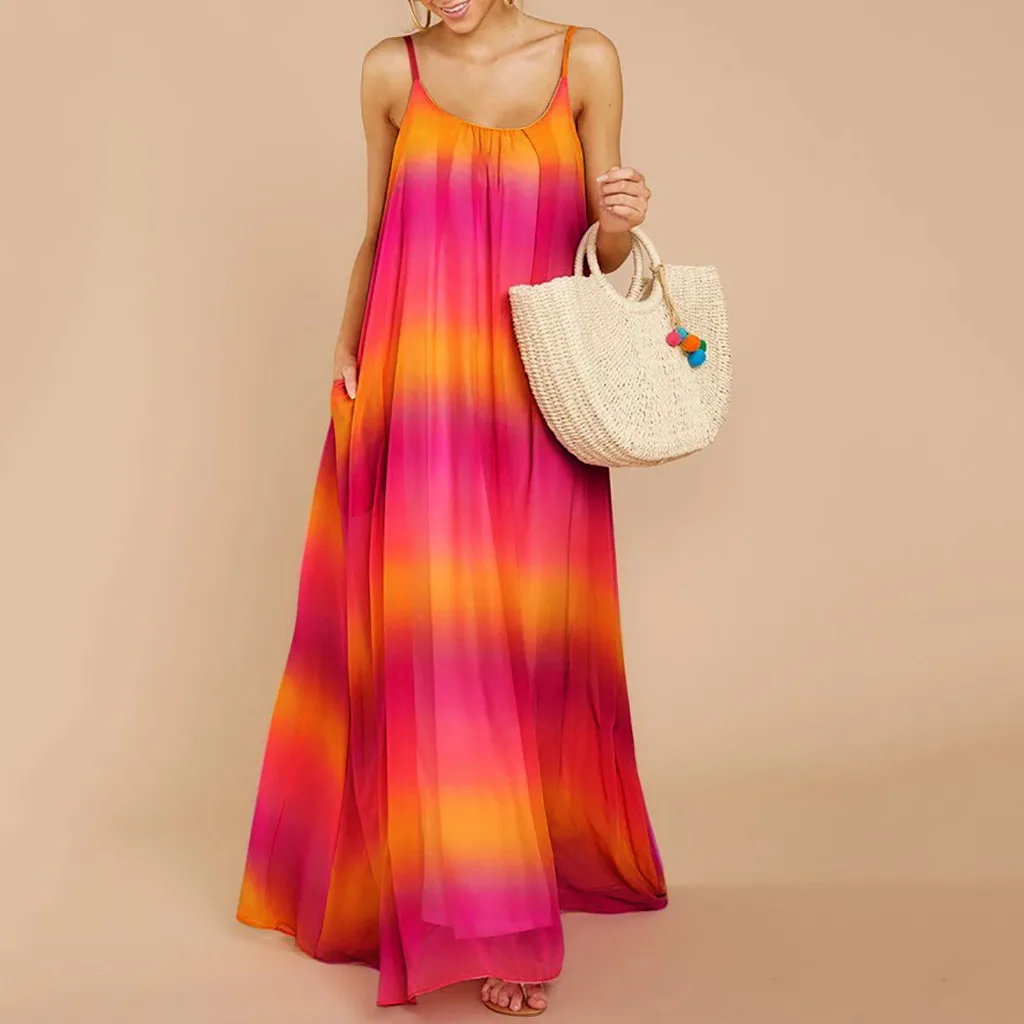 Женское платье на бретельках Boho Пляжное без рукавов с открытой спиной для лета 2019