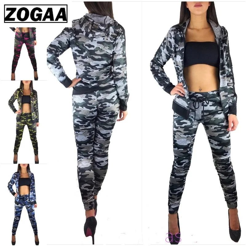 ZOGAA 2 шт. Женский комплект Камуфляжный тренировочный костюм Фитнес Брюки куртка