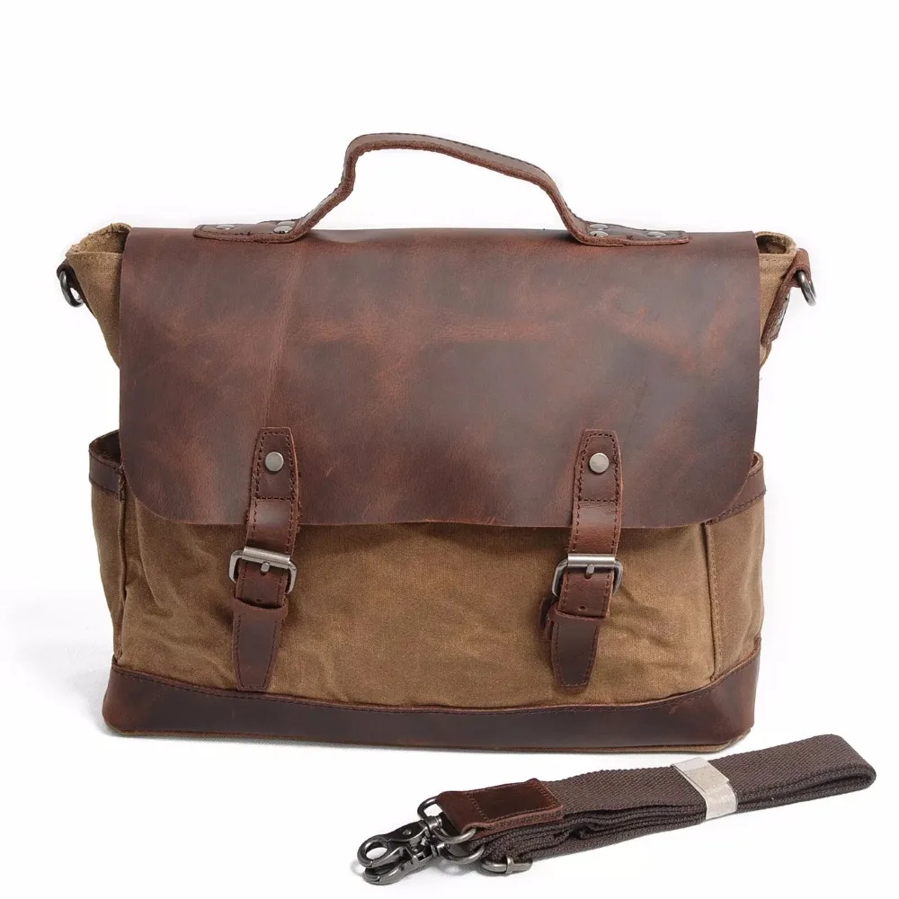 Male Bag Waxed Canvas Leather Briefcase Computer Laptop Bags Vintage Waterproof Work Portable Shoulder Crossbody Bag For Men