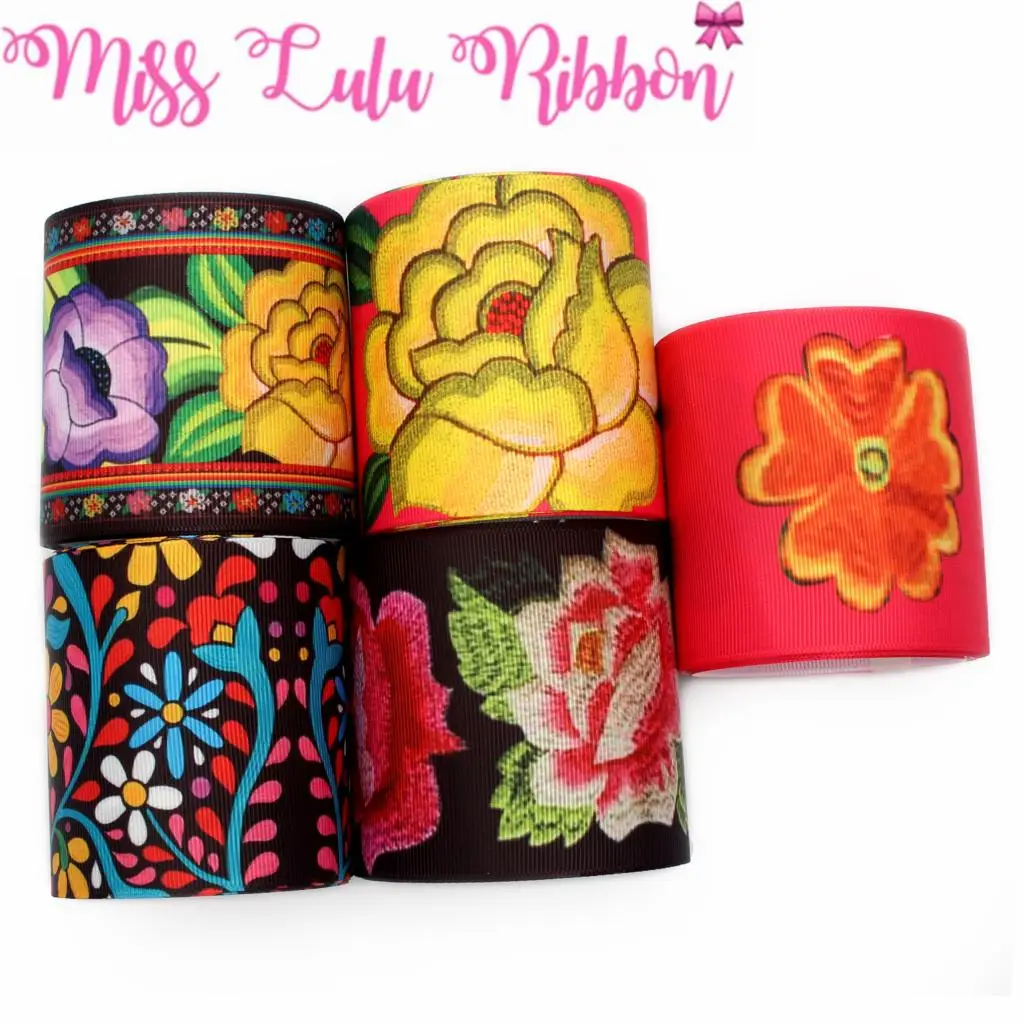 

16mm-75mm Colorful Mexico Flower Series Printed Grosgrain/Elastic Ribbon DIY Hair Bowknots Celebration Party Decor 50yards/roll