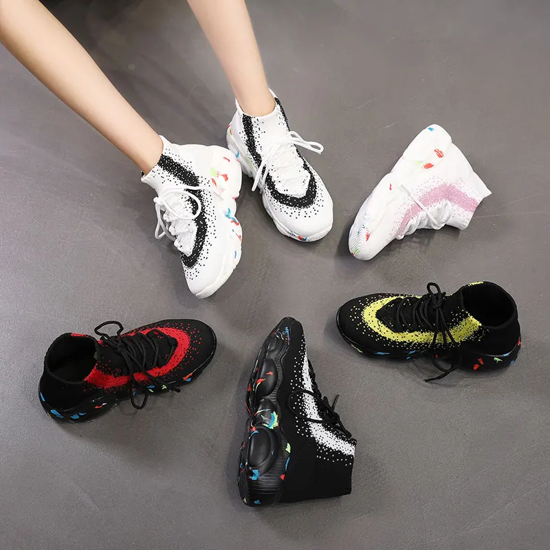 Кроссовки женская обувь эластичная вязаная Chaussures Femme на плоской платформе
