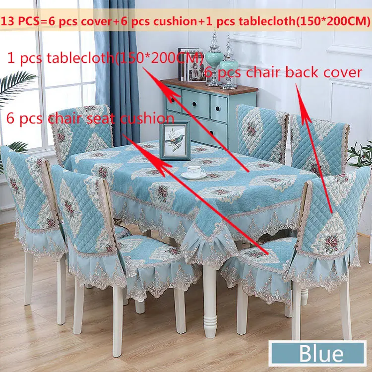 Blue13pcs150x200cm Европейский жаккард кружевная скатерть подол прямоугольные скатерти чехлы для стульев Подушка смывающаяся печать цветок белая ткань 130*180 см - Цвет: Blue13pcs150x200cm