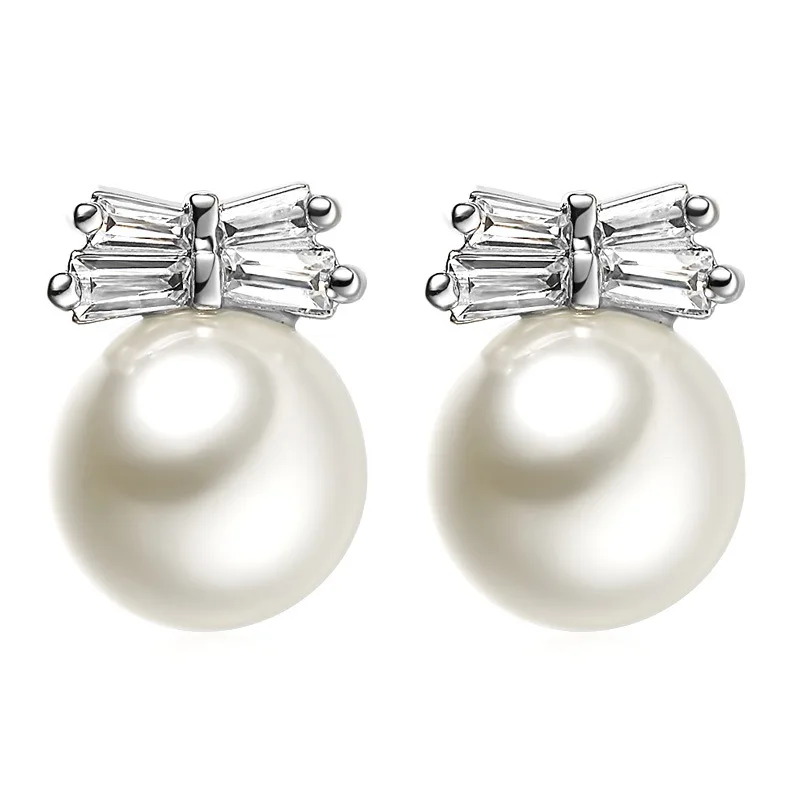 

100% 925 sterling silver shiny crystal pearl fashion ladies stud earrings women jewelry female gift wholesale cheap