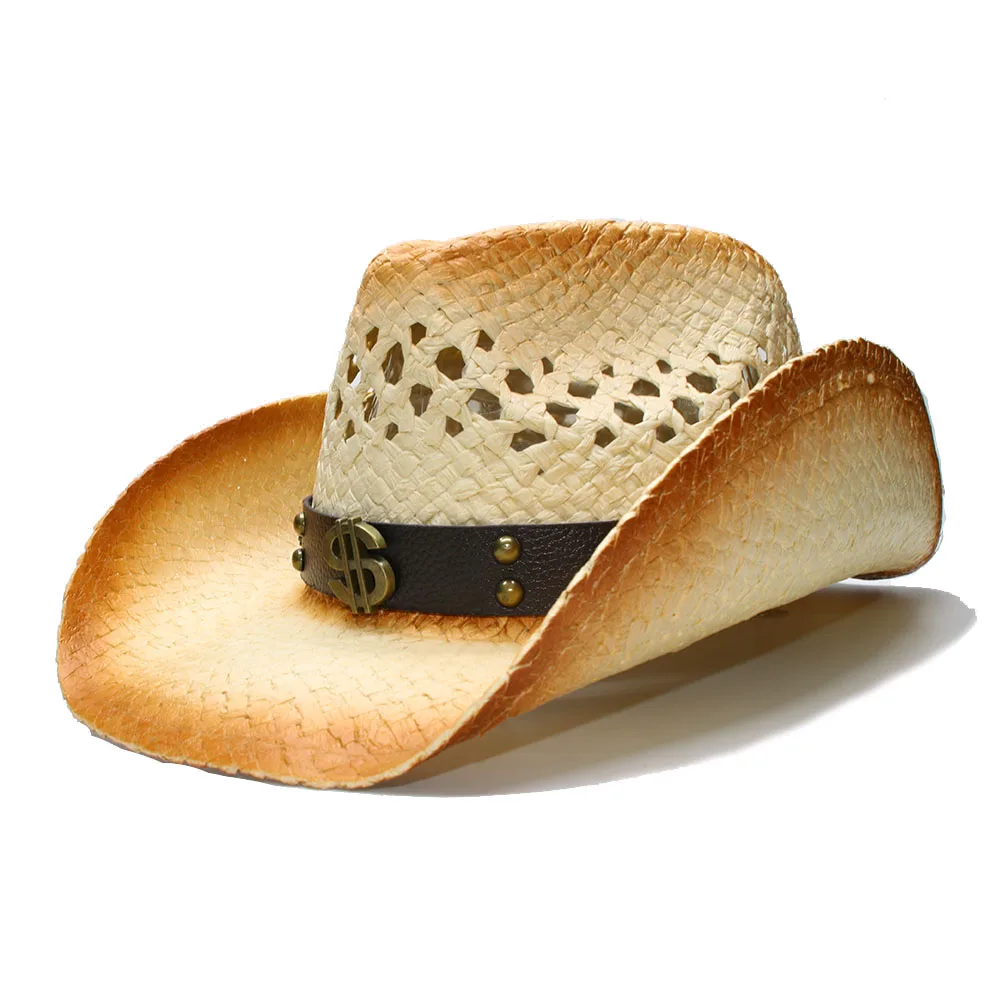 Женская и мужская соломенная Кепка Sombrero в стиле панк с кожаным ремешком размер 58