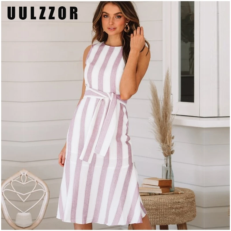 UULZZOR элегантное женское платье Летнее Полосатое с открытой спиной и принтом
