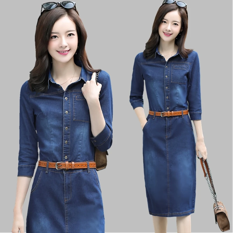 2019 сезон: весна–лето Для женщин платье из джинсовой ткани офис леди отложным