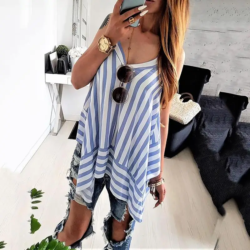 Летние Для женщин слинг в полоску без рукавов Повседневное Рубашки Блузки