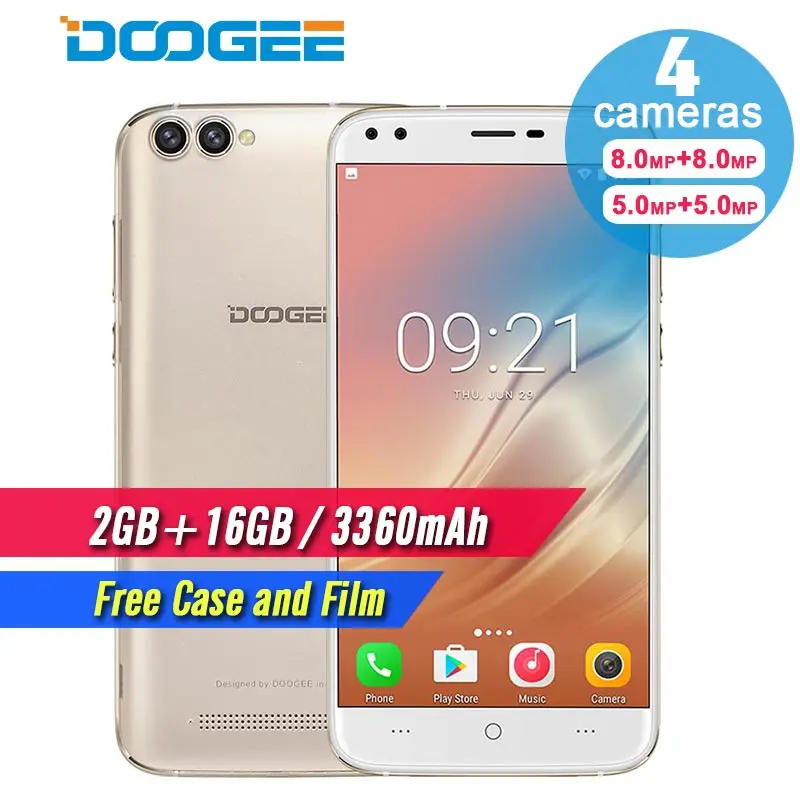 Оригинал DOOGEE X30 четыре Камера 2x8 0 Мп + 2x5 Android 7 мобильный телефон 3360 мАч 5 ''MTK6580A 4