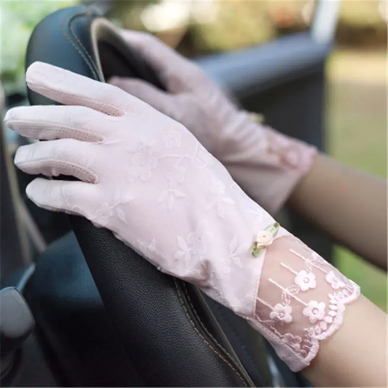 light pink V style Летние солнцезащитные перчатки женские тонкие для вождения Нескользящие УФ-защита короткие стильные кружевные шелковые женские варежки FS01 - Цвет: light pink V style