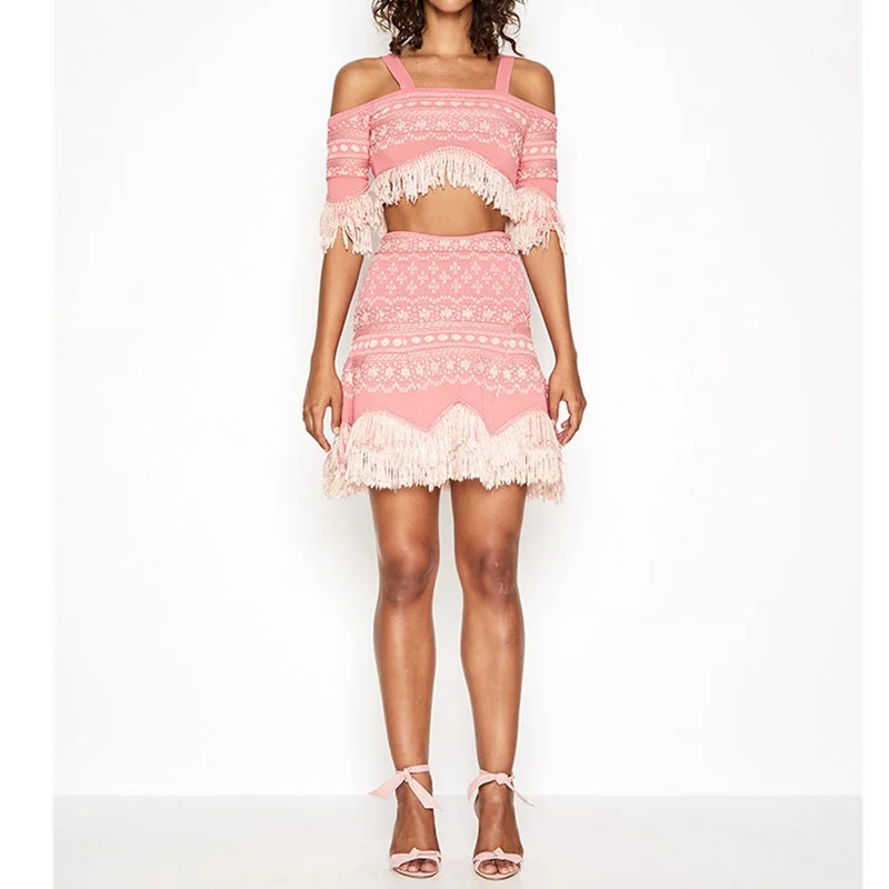 Женский комплект из топа и юбки трикотажный топ с открытыми плечами бахромой