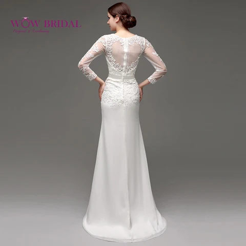 Wowbridal 2021 Elegant Sheath V-Neck Lace Wedding Dress Appliques Sweep Train vestido de noiva Long Sleeve Wedding Dress 30244