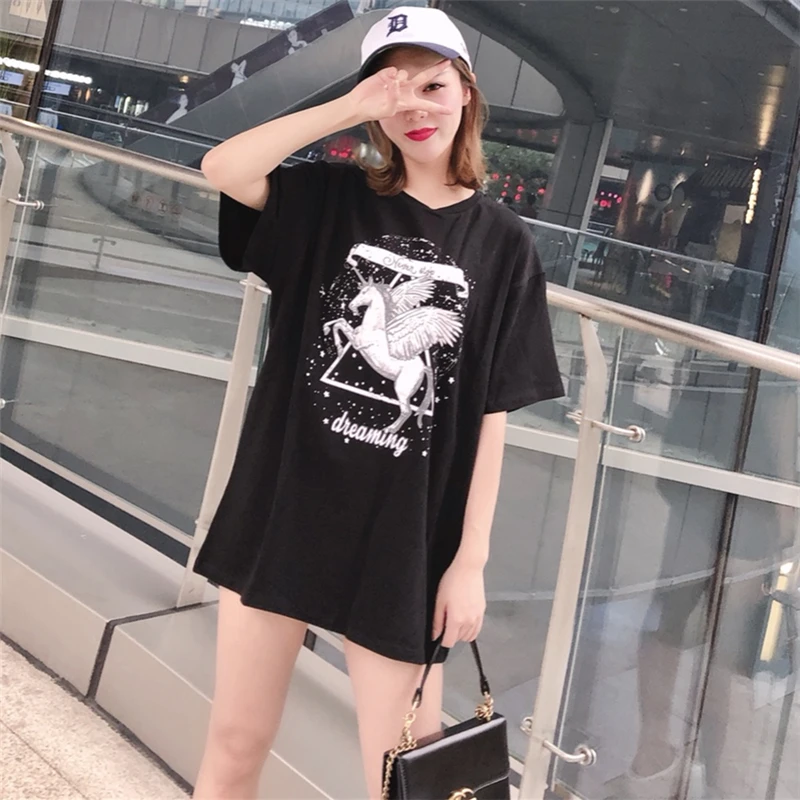 Harajuku Black Women T-shirt 2018 Unicon Star Printing Aesthetic Summer Tee Shirt Femme Casual Loose Tshirt | Женская одежда