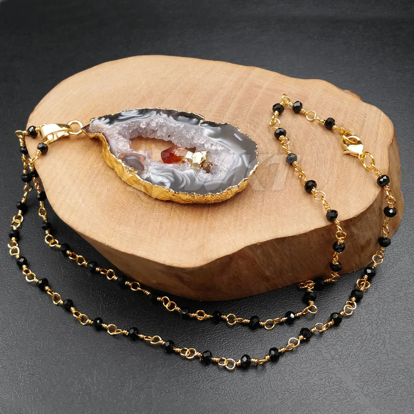 WT-N974 Wholesale Custom Natural Geode A g a t e With Charm Pendant Necklace Black Rosary Chain Trendy For Women | Украшения и