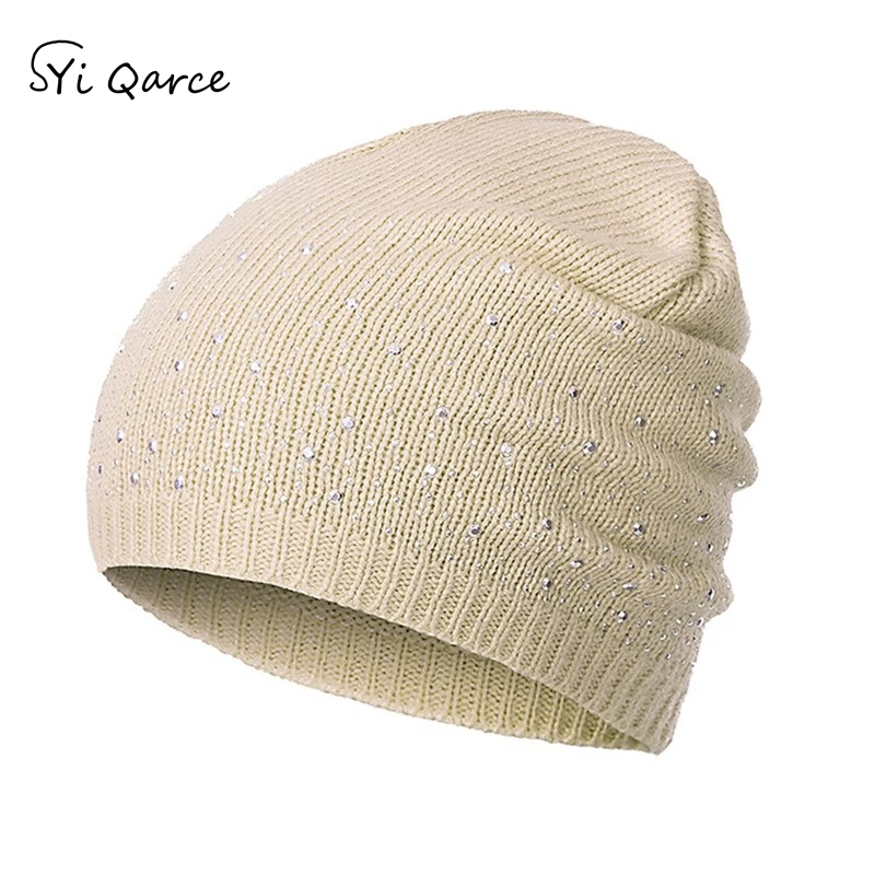 SYi Qarce женская зимняя шапка русская теплая со стразами одноцветная Шапка бини для