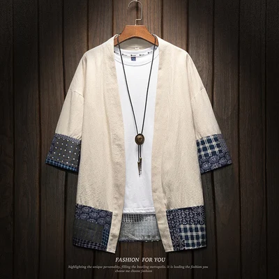 KUANGNAN, китайское кимоно, кардиган, мужские рубашки, 5XL, одежда, японское кимоно, мужское летнее кимоно, рубашка, Мужская Уличная одежда, новинка - Цвет: White