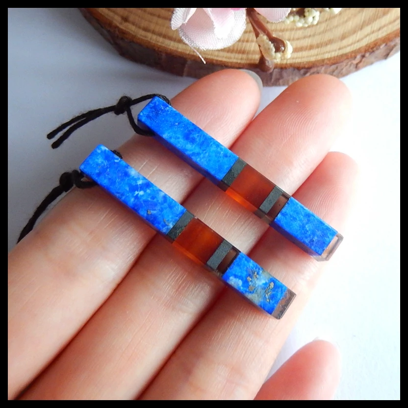 

Natural New design Lapis Lazuli,Red Agate,Hematite,Smoky Quartz Intarsia Earrings Beads,40x5mm,7g