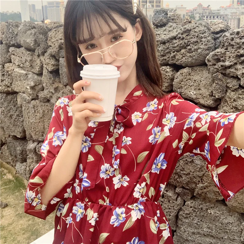 2019 летнее винтажное платье Женская мода с коротким рукавом цветочный принт