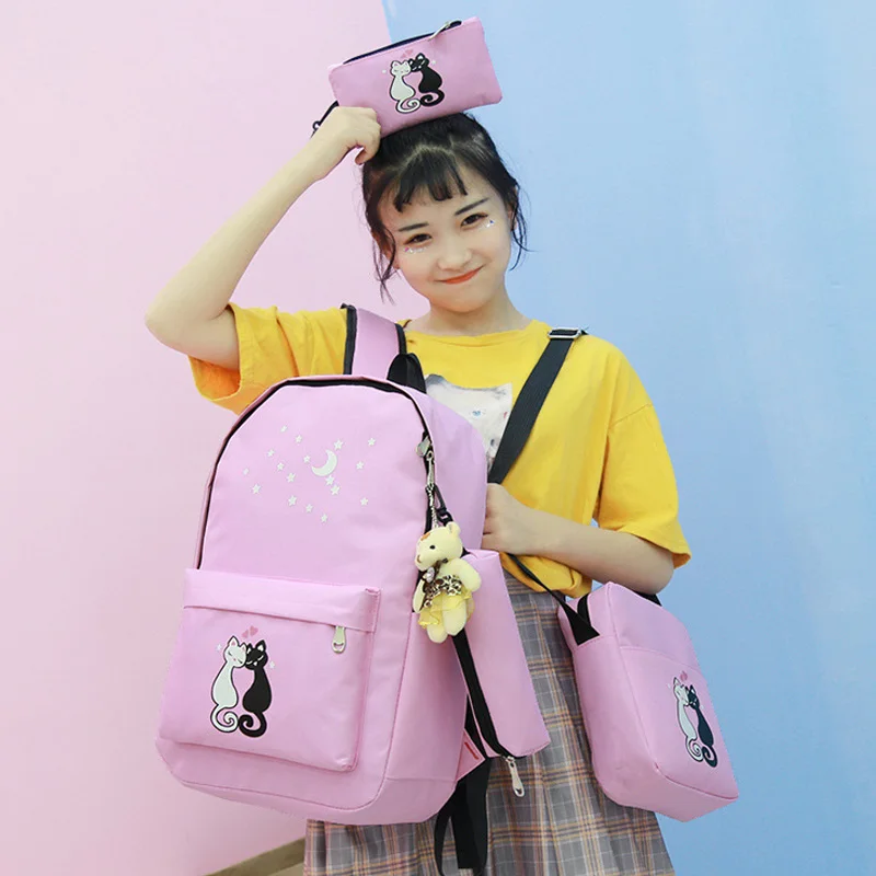 4 шт./компл. школьные ранцы для девочек с принтом кота холщовые детские